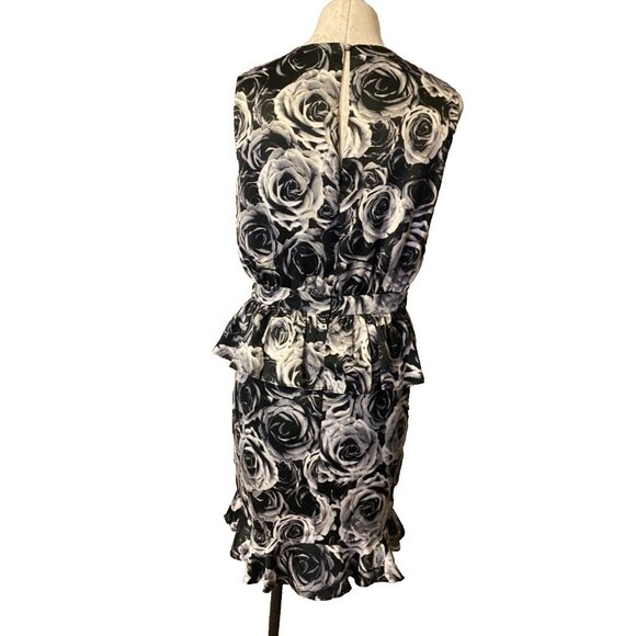 Kate Young Dress 16 Black Ivory Gray Floral Peplum Sheath Washable Faux Silk - Picture 6 of 11
